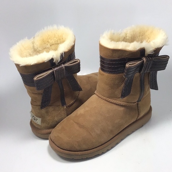 UGG Josette Leather Bow Shearling Boot Chestnut Size 6 - Picture 1 of 12